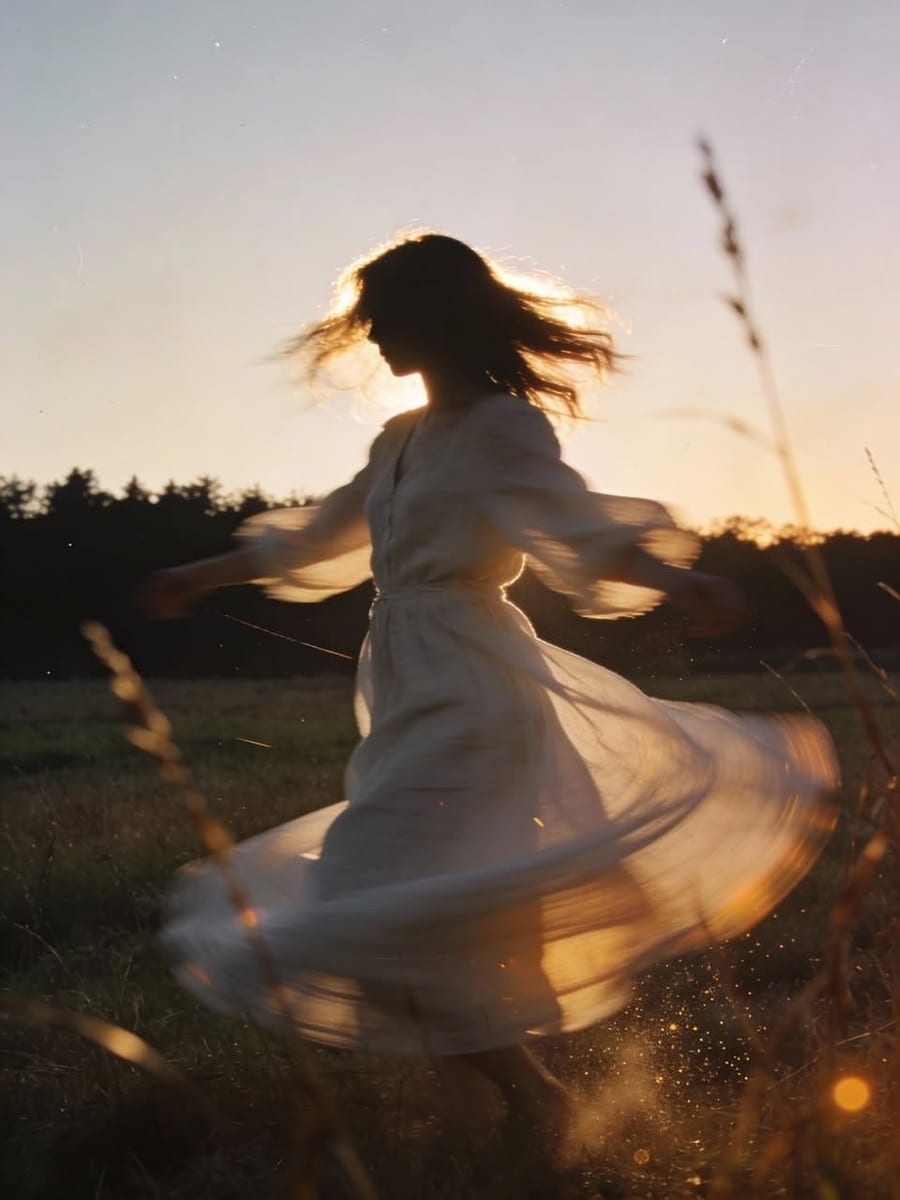 Mulher girando livremente em um campo ao entardecer